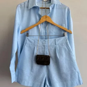 Women's Casual Two-Piece Set: Long Sleeve Shirt & Shorts