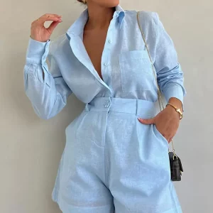 Women's Casual Two-Piece Set: Long Sleeve Shirt & Shorts