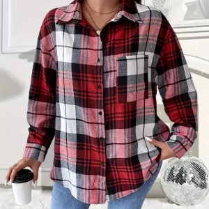 Women's Checkered Print Shoulder Top - Stylish Long-Sleeve Casual Shirt