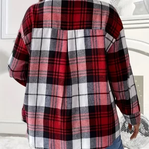 Women's Checkered Print Shoulder Top - Stylish Long-Sleeve Casual Shirt