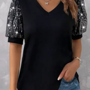 Women's Colorblock Sequin Lantern Sleeve V-Neck Tunic