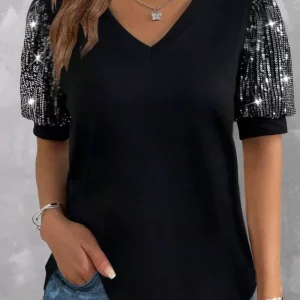 Women's Colorblock Sequin Lantern Sleeve V-Neck Tunic