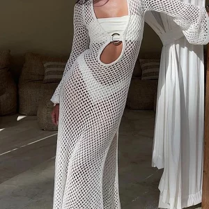 Women's Crochet Knit Bikini Cover-Up with Long Sleeves - Beach Dress for Swimsuit and Summer Wear