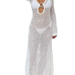 Women's Crochet Knit Bikini Cover-Up with Long Sleeves - Beach Dress for Swimsuit and Summer Wear