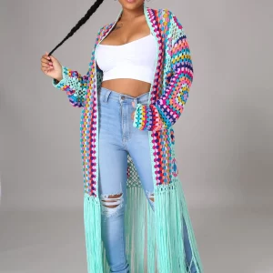 Women's Crochet Knit Maxi Fringe Cardigan Jacket