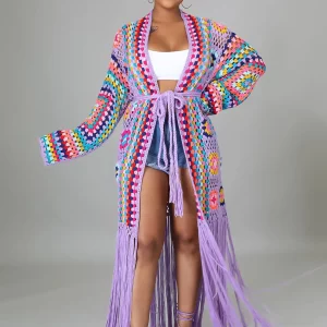 Women's Crochet Knit Maxi Fringe Cardigan Jacket