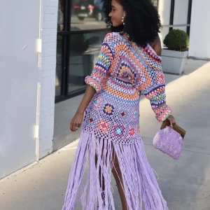 Women's Crochet Knit Maxi Fringe Cardigan Jacket