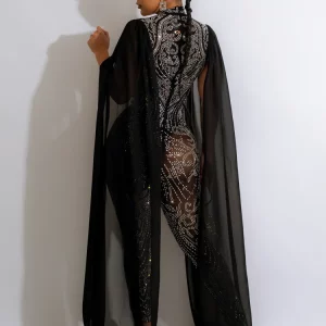 Women's Crystal Mesh Cape Sleeve Jumpsuit - Elegant Sequin Party Romper