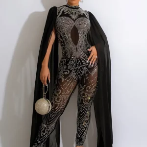 Women's Crystal Mesh Cape Sleeve Jumpsuit - Elegant Sequin Party Romper