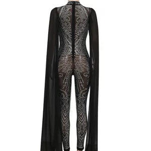 Women's Crystal Mesh Cape Sleeve Jumpsuit - Elegant Sequin Party Romper