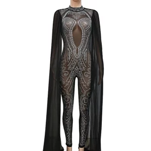 Women's Crystal Mesh Cape Sleeve Jumpsuit - Elegant Sequin Party Romper