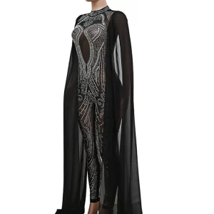 Women's Crystal Mesh Cape Sleeve Jumpsuit - Elegant Sequin Party Romper