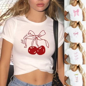 Women's Cute Cherry Print Slim Fit Summer T-Shirt