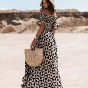 Women's Elegant Off-Shoulder Printed Long Dress