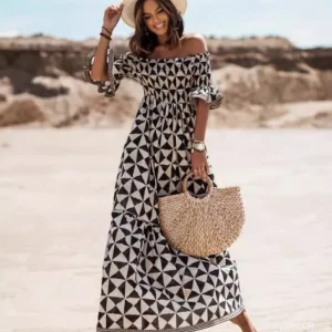 Women's Elegant Off-Shoulder Printed Long Dress