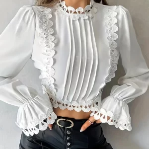 Women's Elegant Ruffle Sleeve Standing Neck Top - Trendy Plus Size Clothing