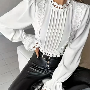 Women's Elegant Ruffle Sleeve Standing Neck Top - Trendy Plus Size Clothing