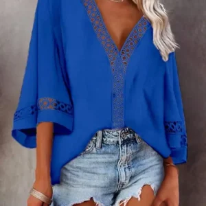 Women's Fashion V-neck Lace Shirt with Hollow Seven-point Sleeves