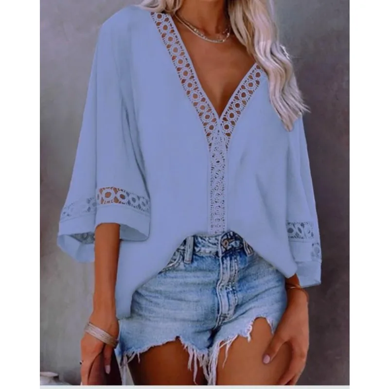 Women's Fashion V-neck Lace Shirt with Hollow Seven-point Sleeves