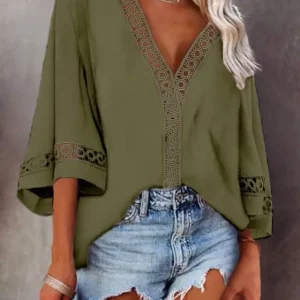 Women's Fashion V-neck Lace Shirt with Hollow Seven-point Sleeves