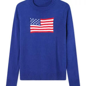 Women's Flag Sweater: Casual Long Sleeve Crew Neck Knit Pullover