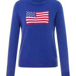 Women's Flag Sweater: Casual Long Sleeve Crew Neck Knit Pullover