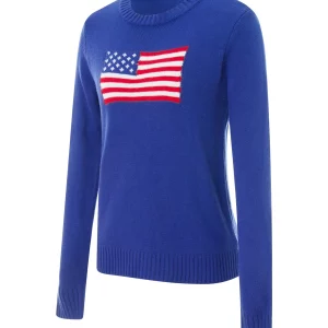 Women's Flag Sweater: Casual Long Sleeve Crew Neck Knit Pullover