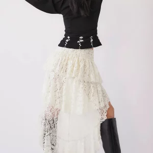 Women's Floral Lace Asymmetrical Ruffle Pleated Skirt