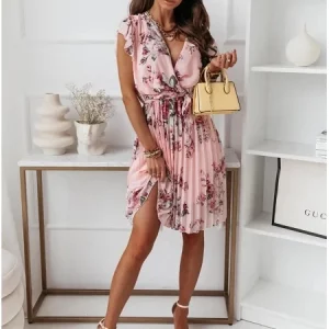 Women's Floral Pleat Dress with Fly-Sleeve Detail