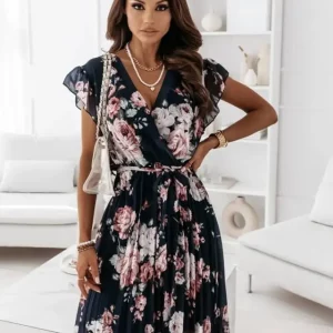 Women's Floral Pleat Dress with Fly-Sleeve Detail