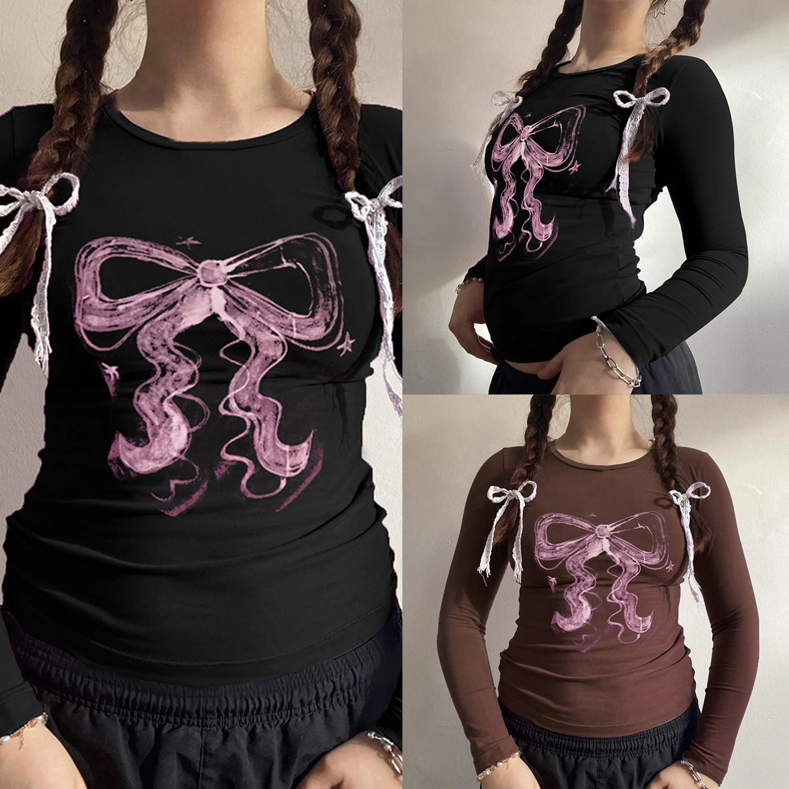 Women's Gothic Bowknot Print Slim Fit Long Sleeve T-Shirt