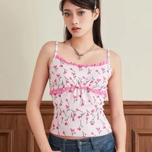 Women's Heart Print Frill Sleeveless Camisole - Cute Summer Spaghetti Strap Vest