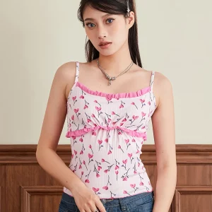 Women's Heart Print Frill Sleeveless Camisole - Cute Summer Spaghetti Strap Vest