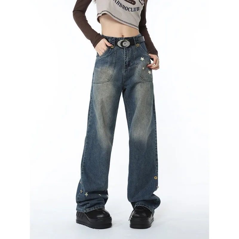 Women's High Street Star Design Straight Jeans, Spring/Autumn High Waisted Wide Leg Pants