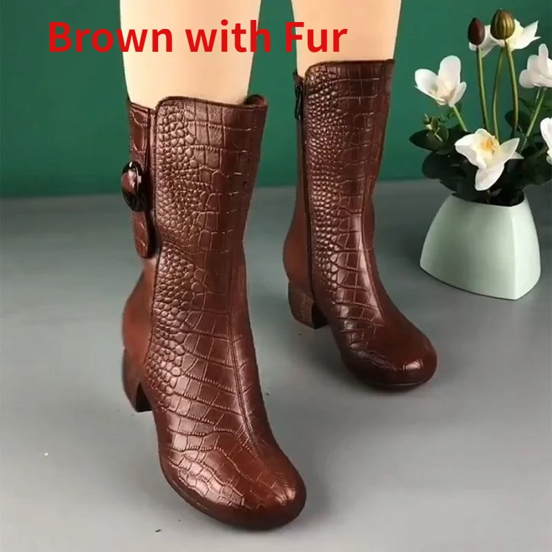 Women's High-top Faux Leather Cowboy Boots | Retro Western Heeled Ankle Boot with Warm Plush Lining