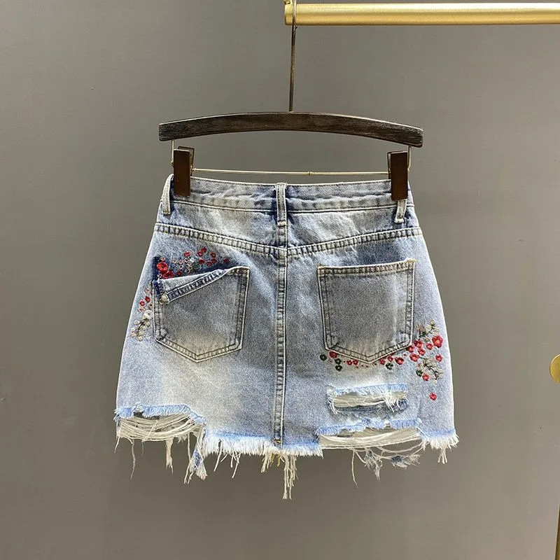 Women's High Waisted Floral Embroidered Denim Skirt