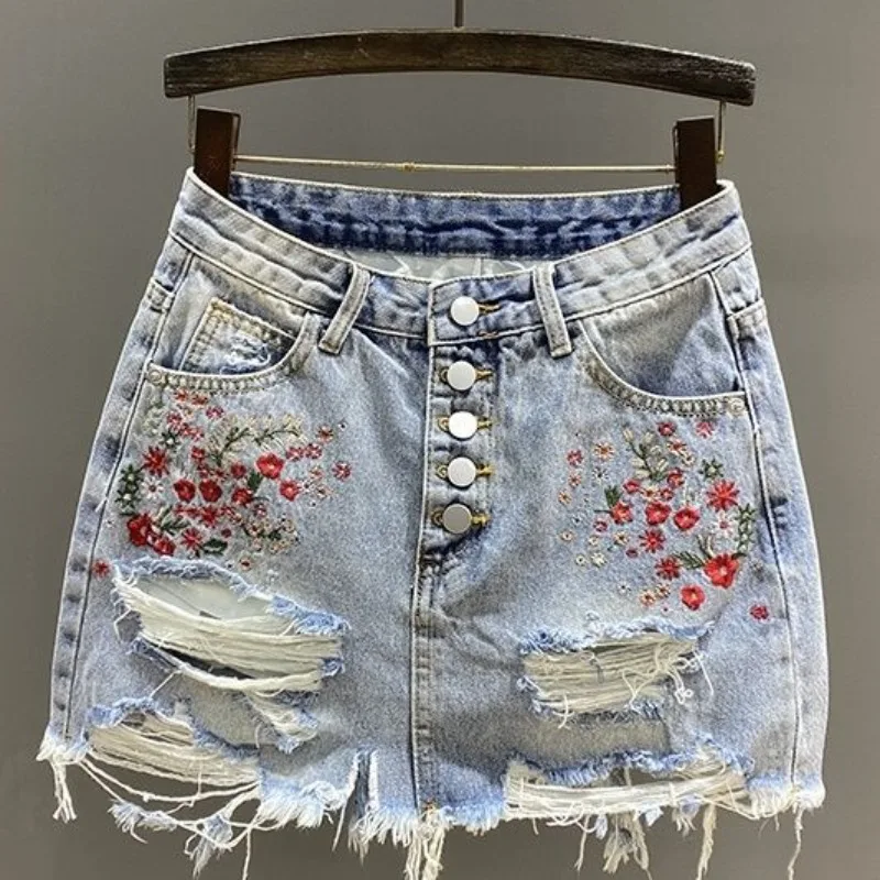 Women's High Waisted Floral Embroidered Denim Skirt