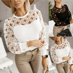 Women's Hollow Lace Splicing Long-Sleeve Blouse