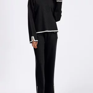 Women's Knit 2-Piece Outfit: Contrast Long Sleeve Top & Wide Leg Pants