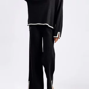 Women's Knit 2-Piece Outfit: Contrast Long Sleeve Top & Wide Leg Pants