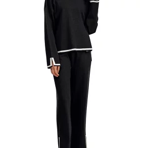 Women's Knit 2-Piece Outfit: Contrast Long Sleeve Top & Wide Leg Pants