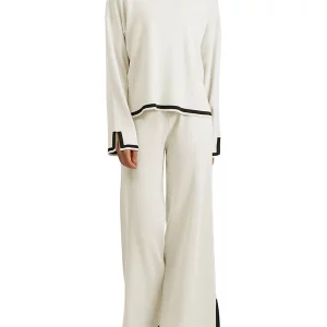 Women's Knit 2-Piece Outfit: Contrast Long Sleeve Top & Wide Leg Pants