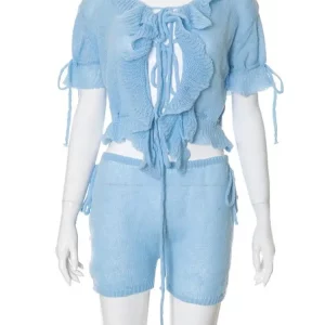 Women's Knit 2-Piece Set: Short Sleeve Ruffles Lace-Up Top & Shorts - 2024 Summer