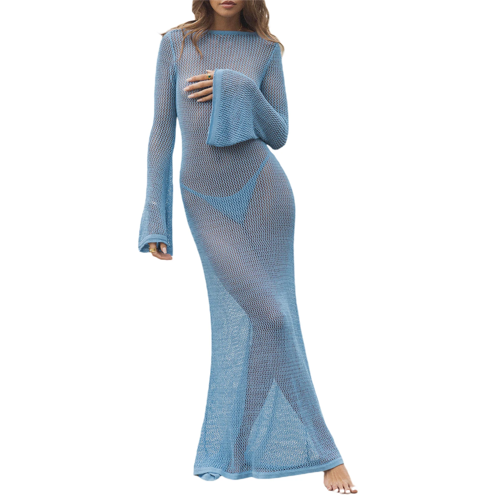 Women's Knitted Beach Dress with Hollow-Out Design, O-neck, Long Sleeve - Sexy Backless Cover-Up