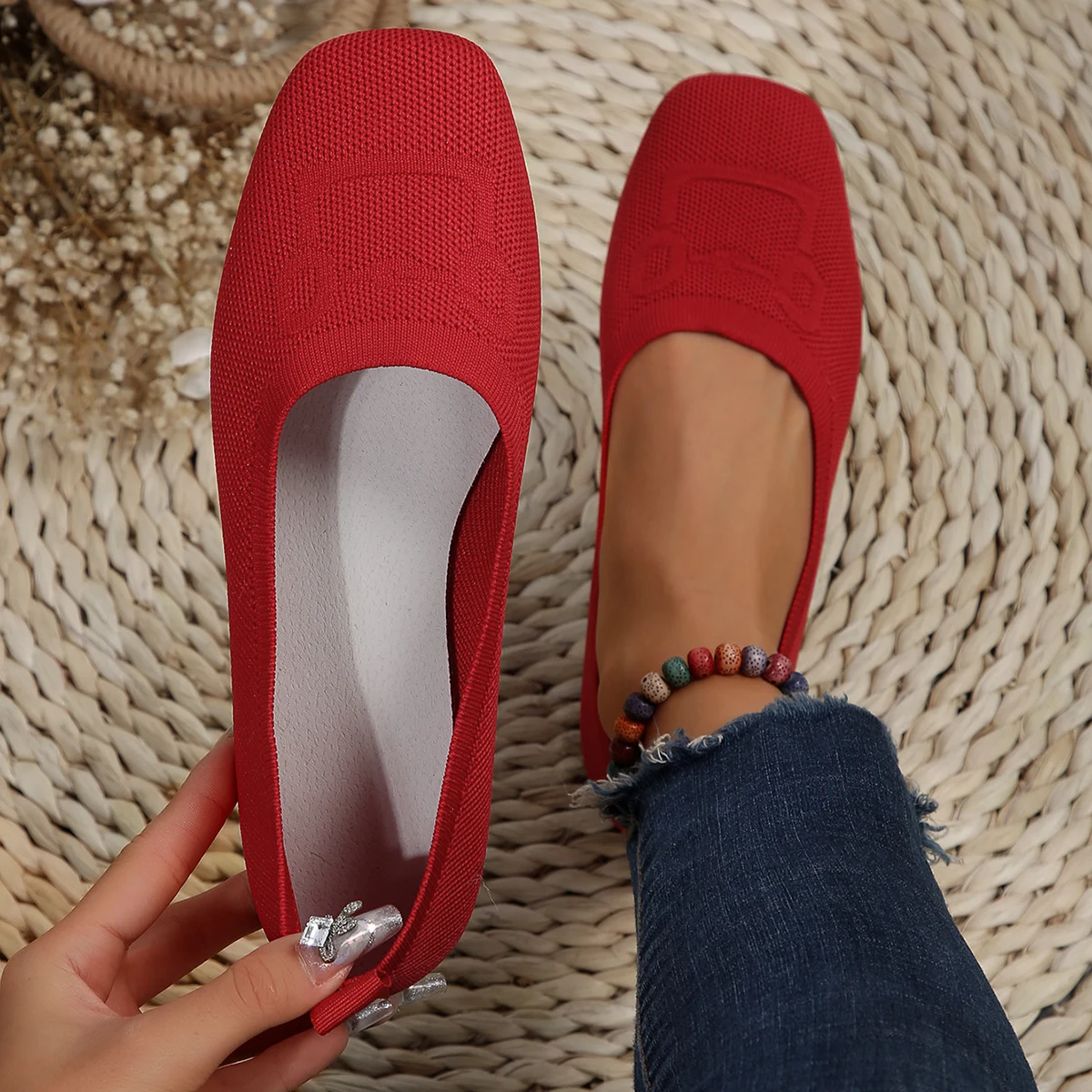 Women's Knitted Mesh Breathable Casual Loafers - Comfortable Square Toe Flats