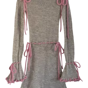 Women's Knitted Round Neck Long Sleeve Party Dress with Drawstring Bandage and Flared Sleeve