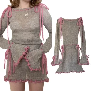 Women's Knitted Round Neck Long Sleeve Party Dress with Drawstring Bandage and Flared Sleeve