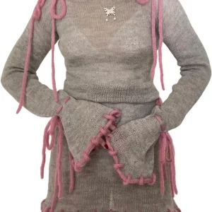 Women's Knitted Round Neck Long Sleeve Party Dress with Drawstring Bandage and Flared Sleeve