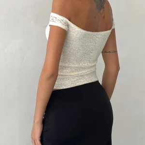 Women's Lace Boat Neck Off Shoulder Short T-Shirt - Summer Slim Fit Streetwear