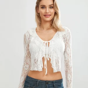 Women's Lace Crop Top Flare Sleeve Sheer Cardigan